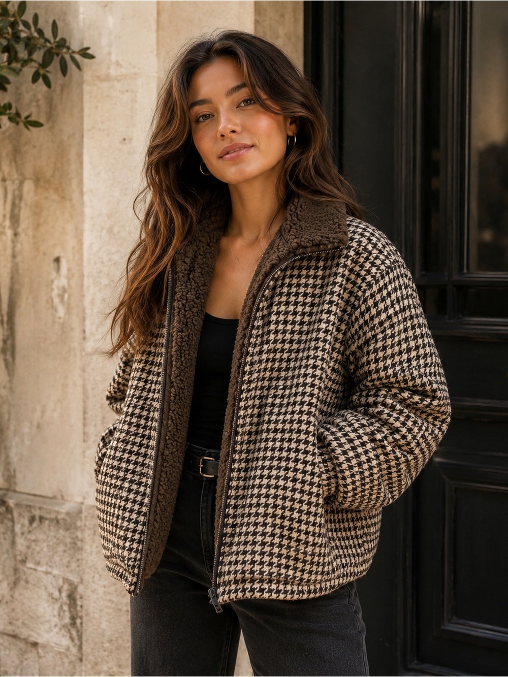 Mystree Brown and Cream Houndstooth Teddy Jacket